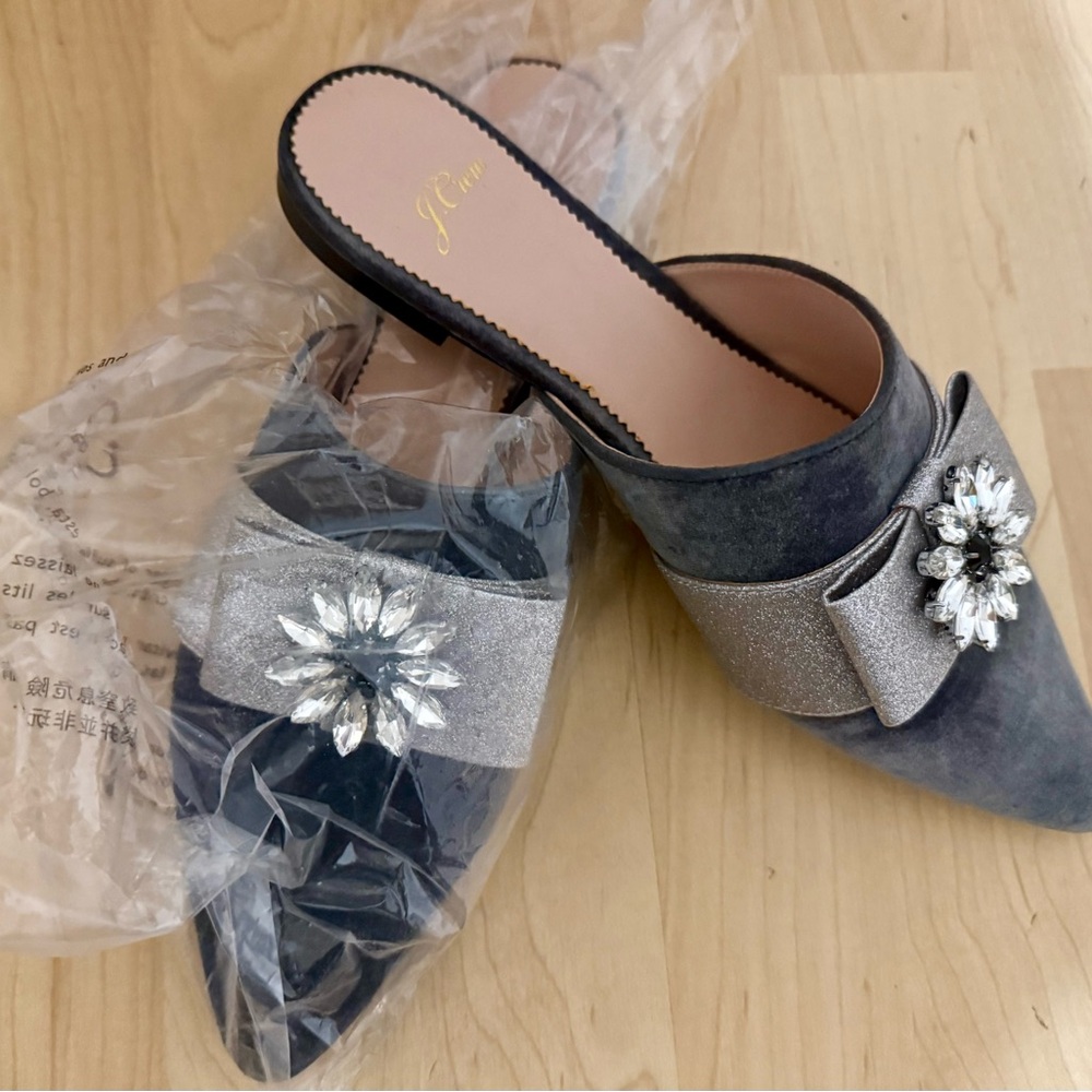 J. Crew Gray Mules with Crystal Bow